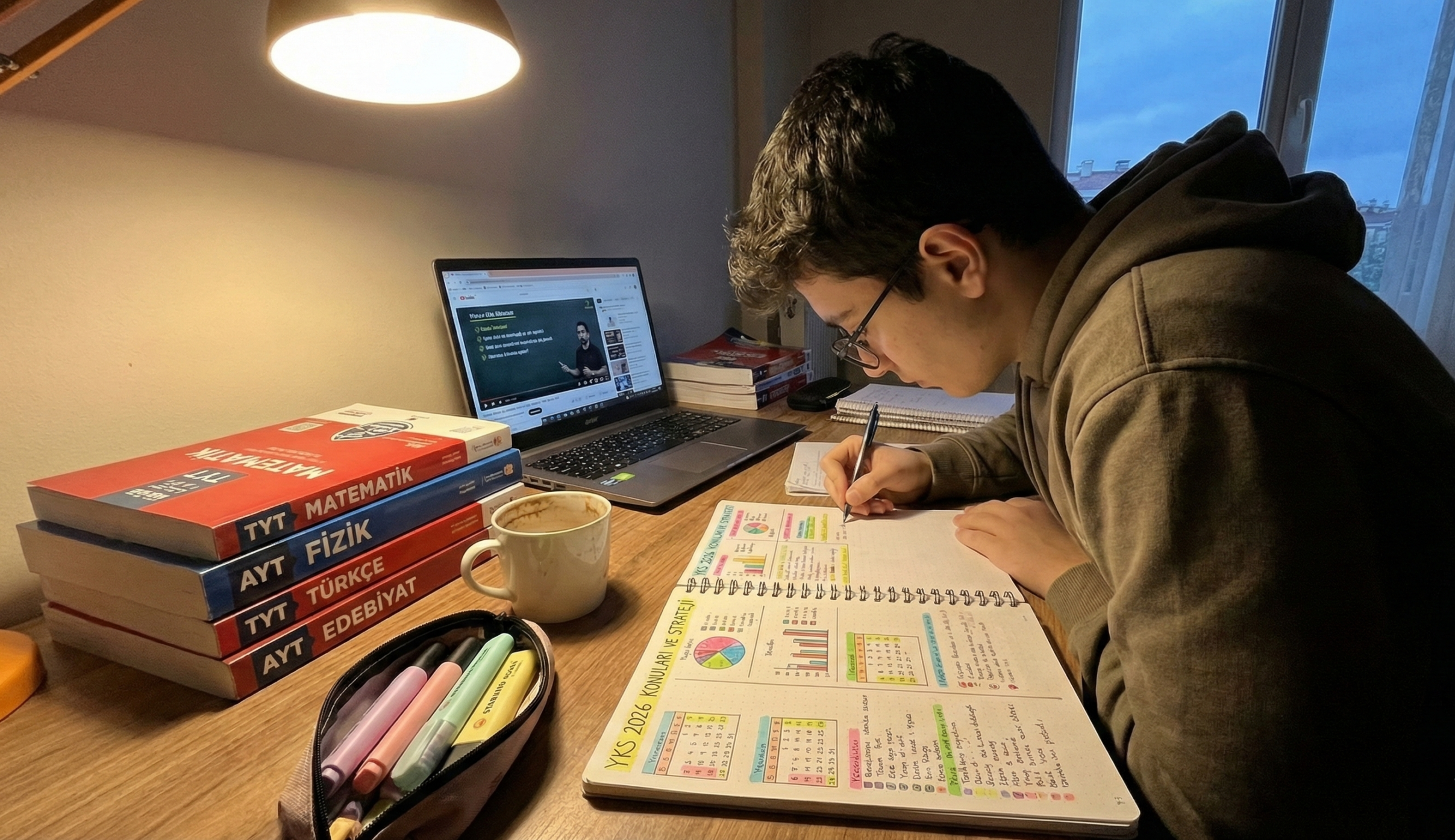 Focused student creating a strategic YKS 2026 çalışma planı, surrounded by TYT and AYT textbooks.
