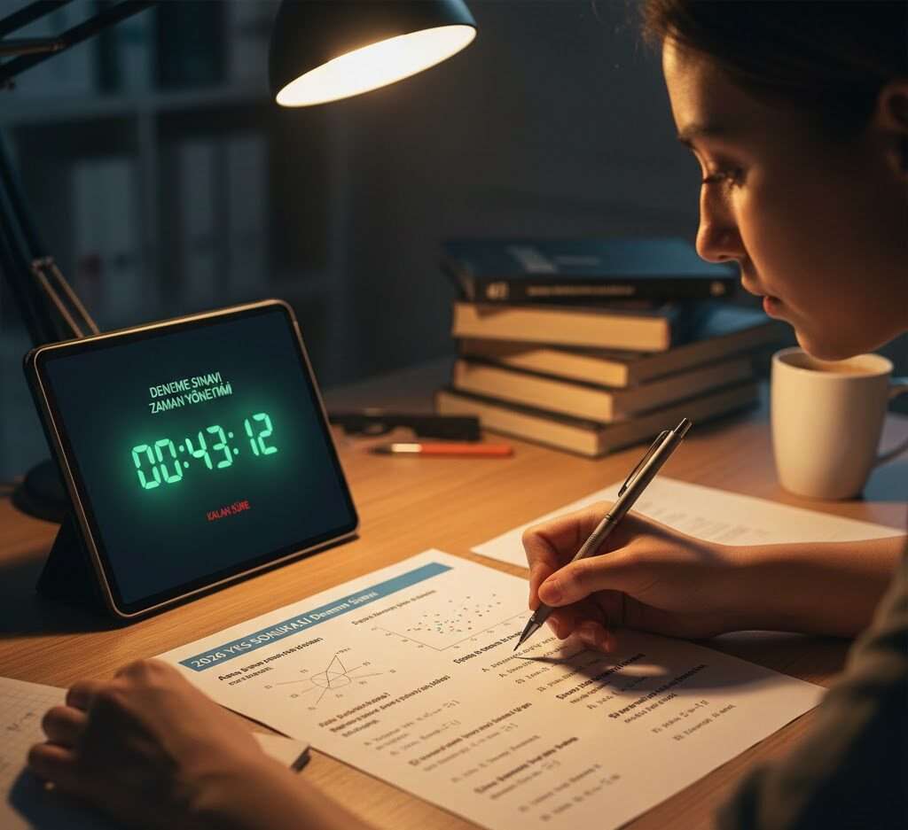 Yeni nesil YKS soruları çözen ve zaman yönetimi yapan bir öğrenci.