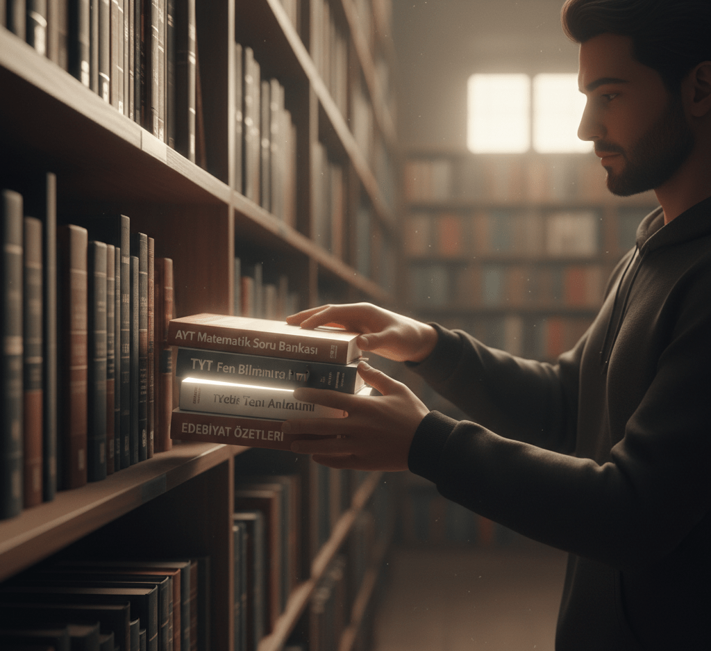 Determined student selecting high-quality YKS kitapları (university entrance exam books) from a library shelf, emphasizing focused study strategy.