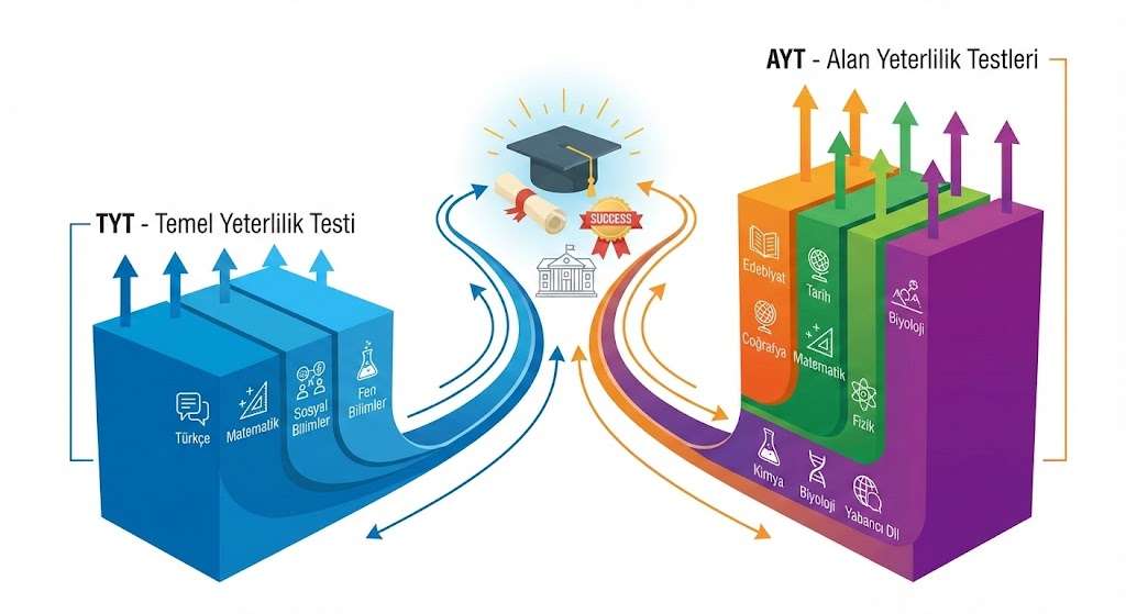 YKS sınavının yapısını ve TYT ile AYT oturumlarını gösteren şematik grafik.