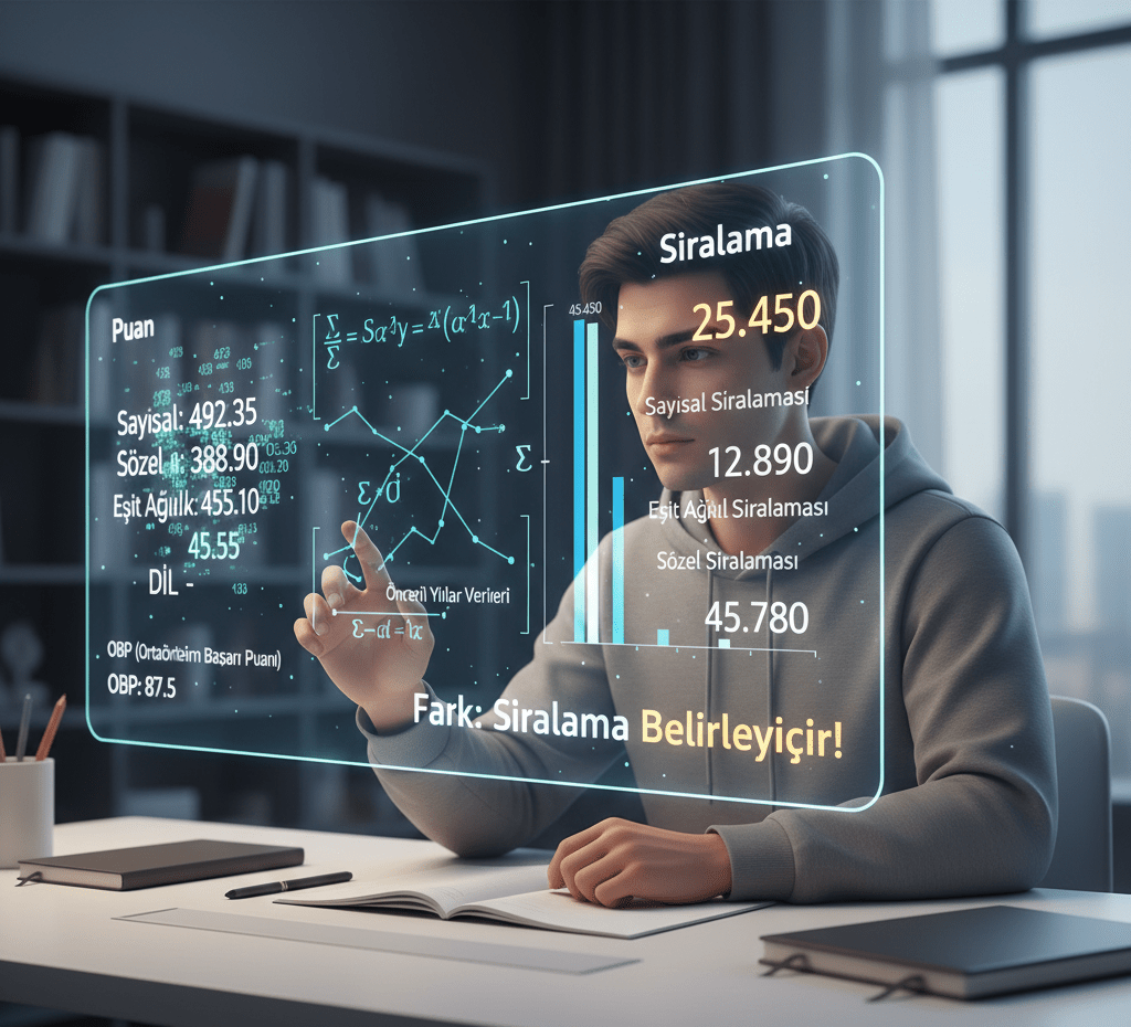 Turkish student analyzing YKS ranking calculation (sıralama hesaplama YKS) on a digital screen, contrasting scores and final rank.