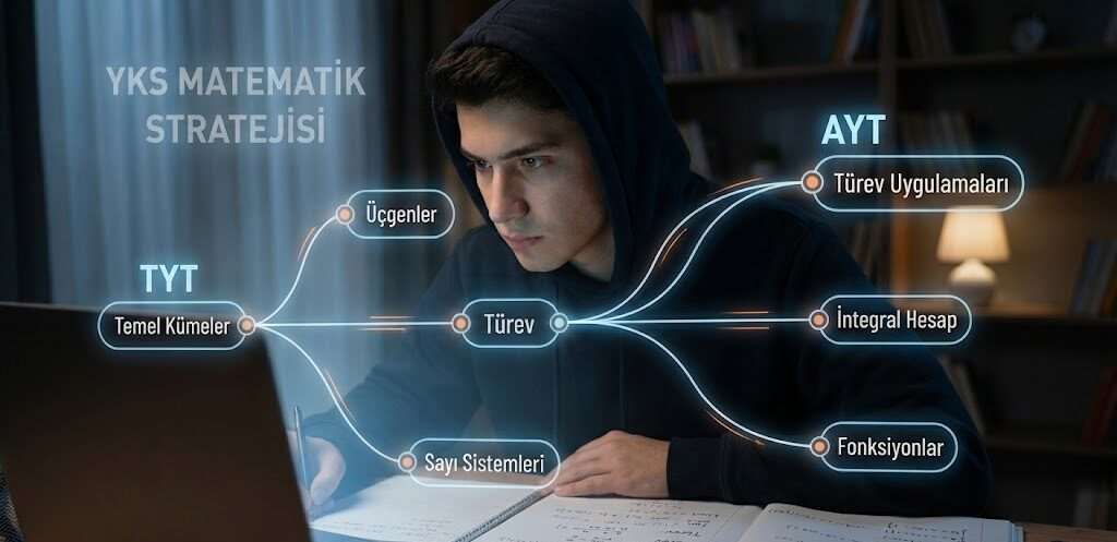 Stratejik YKS Matematik çalışma planı görseli. Öğrenci, TYT ve AYT konularını gösteren dijital bir yol haritası üzerinde çalışıyor.