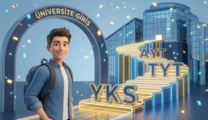 Öğrencinin üniversiteye giden başarılı YKS yolu ve sınav başarı sembolizmi.