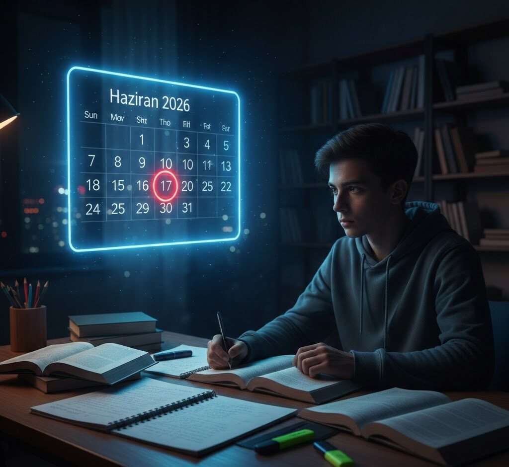 Turkish high school student planning their study schedule for the 2026 YKS TYT exam, checking the predicted June 2026 date.