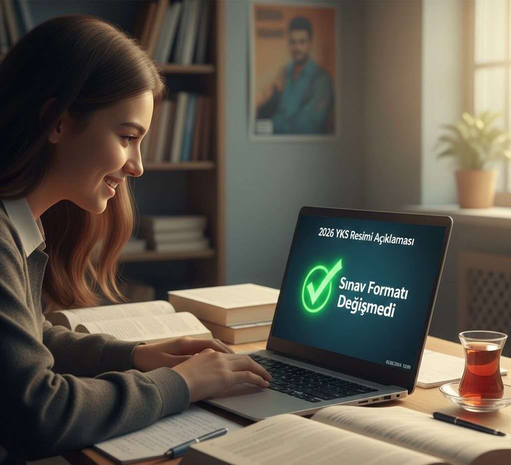 Bir öğrenci, 2026 YKS sınav formatının değişmediğini onaylayan resmi açıklamayı dizüstü bilgisayarında kontrol ediyor.