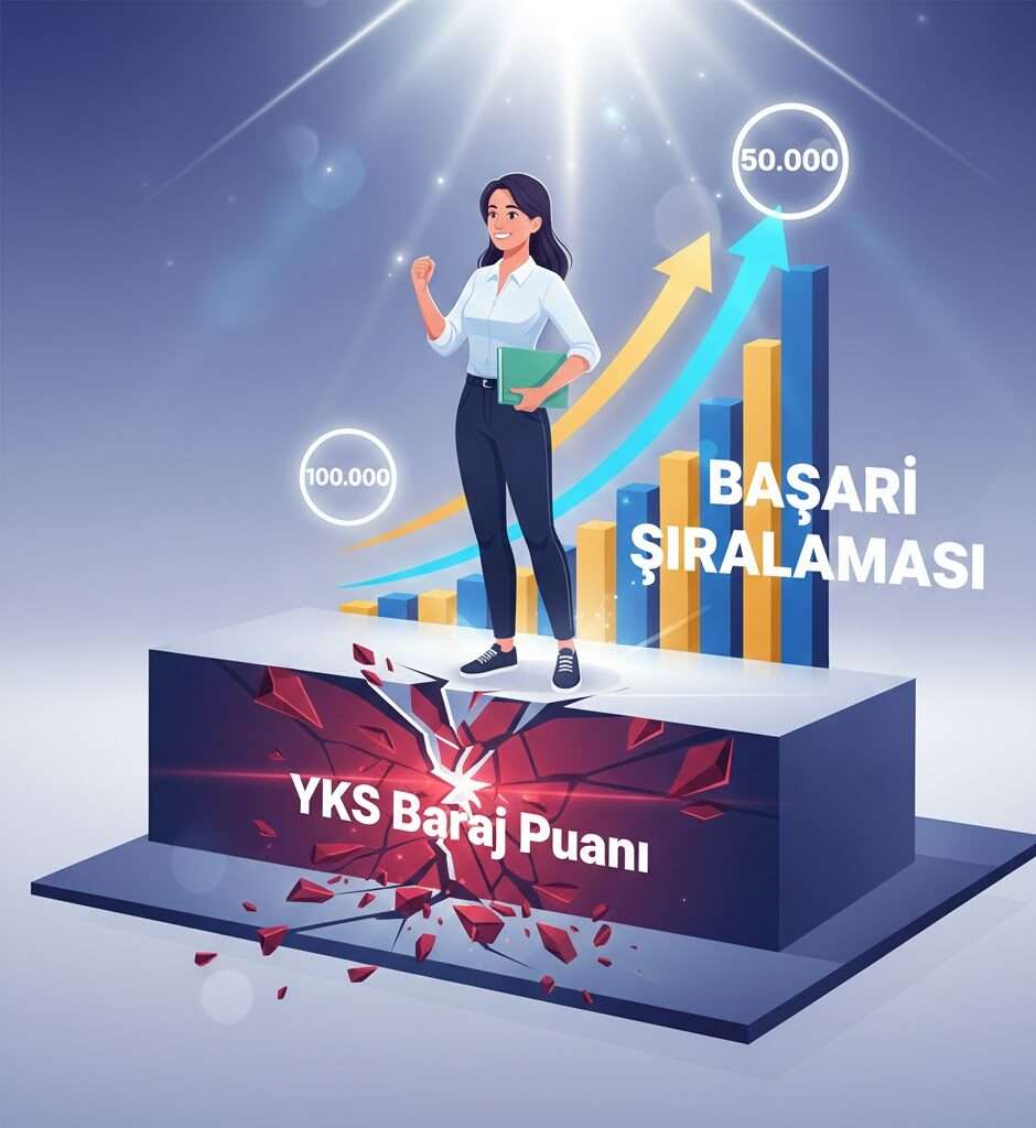 YKS Baraj Puanı kaldırıldıktan sonra başarı sıralamasına (Başarı Sıralaması) odaklanan öğrenciyi gösteren, motivasyonel görsel.