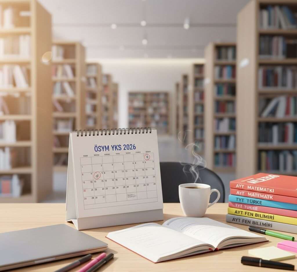 ÖSYM YKS 2026 sınavına hazırlanan bir öğrencinin düzenli çalışma masası ve ders notları.