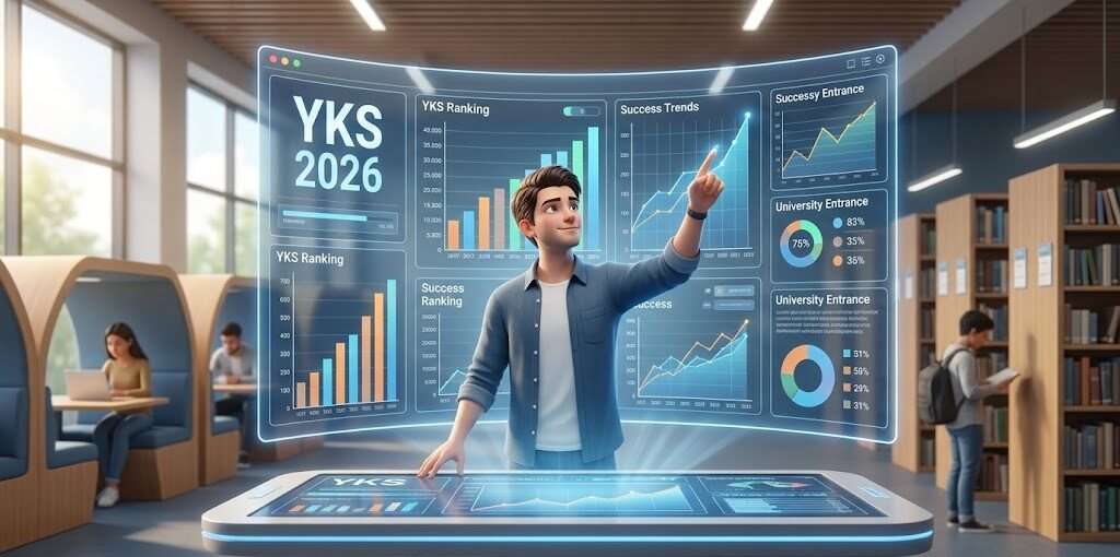 YKS 2026 sıralama hedefleri ve başarı stratejilerini gösteren dijital analiz ekranı önündeki öğrenci.