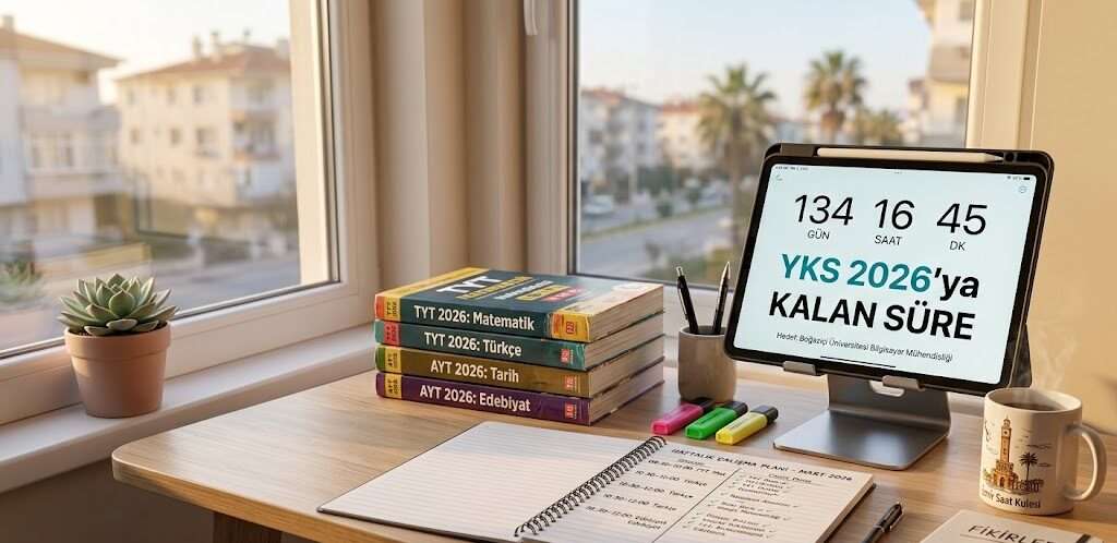 YKS sayaç 2026 takibi yapan bir öğrencinin çalışma masası ve dijital geri sayım ekranı.