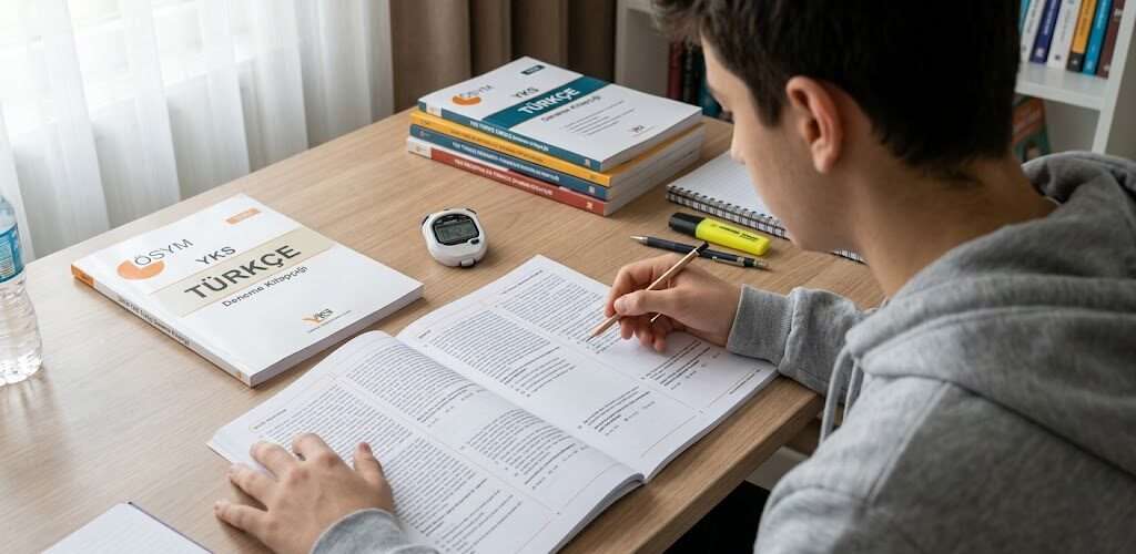 A student practicing TYT Türkçe paragraf soruları using a timer for better time management.