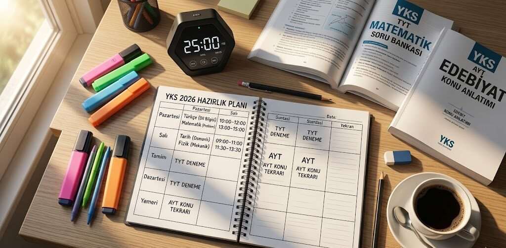 YKS çalışma programı için düzenlenmiş haftalık planlayıcı ve çalışma masası.