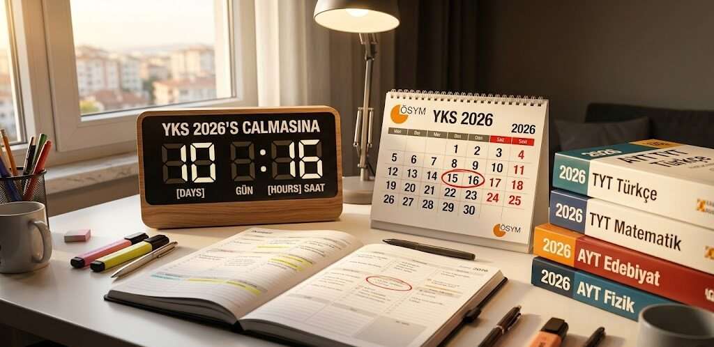 YKS geri sayım 2026 temalı çalışma masası ve geri sayım sayacı.